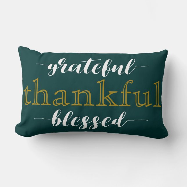 Blauwgroen grateful Thankful Blessed Typography Pi Kussen (Voorkant)
