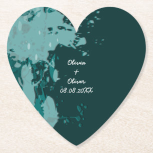 Blauwgroen-Green Paint Splatter Hartvormig Onderze Kartonnen Onderzetters