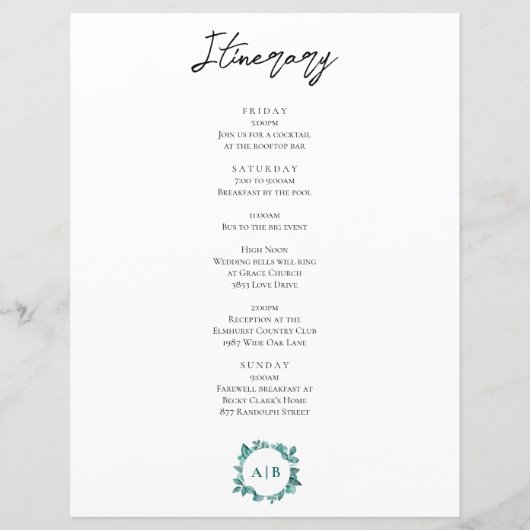 Blauwgroen Greenery Wedding Welcome Letter & Itine (Achterkant)