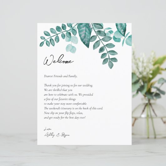 Blauwgroen Greenery Wedding Welcome Letter & Itine (Staand voorkant)