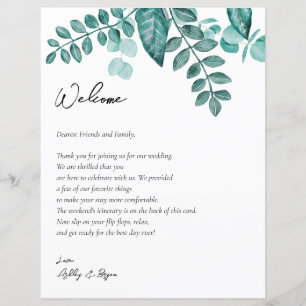 Blauwgroen Greenery Wedding Welcome Letter & Itine