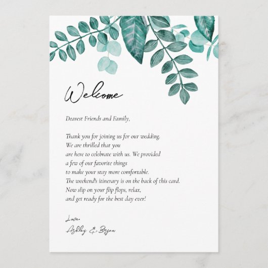 Blauwgroen Greenery Wedding Welcome Letter & Itine Programma (Voorkant)