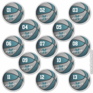 blauwgroen grijs basketbal 13 teamleden namen sticker