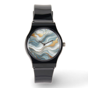 Blauwgroen Grijs Blauw Goud Marmeren Kunstpatroon Horloge