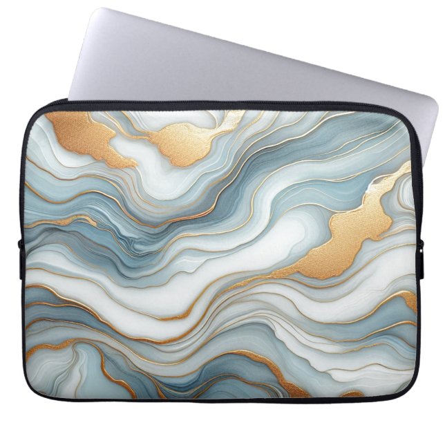 Blauwgroen Grijs Blauw Goud Marmeren Kunstpatroon Laptop Sleeve (Voorkant)