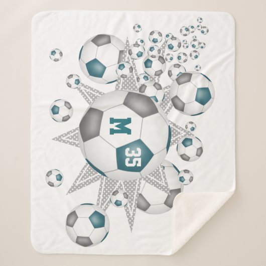 blauwgroen grijs decor-voetbal sherpa deken (Voorkant)