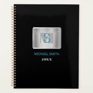 Blauwgroen & Grijs Monogram, Naam, Jaar Zilver & Z Planner