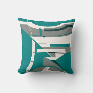 Blauwgroen Grijs Wit Gebogen Geometrisch Abstract Kussen