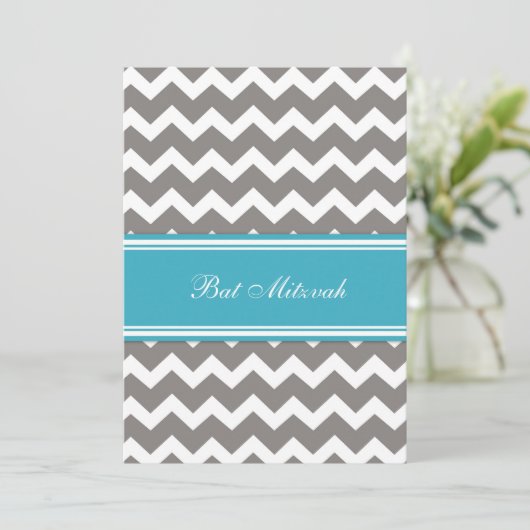 Blauwgroen Grijze Chevron Bat Mitzvah Uitnodiginge Kaart (Staand voorkant)