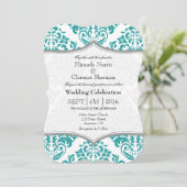 Blauwgroen grijze Damask Bracket Wedding Invite Kaart (Staand voorkant)