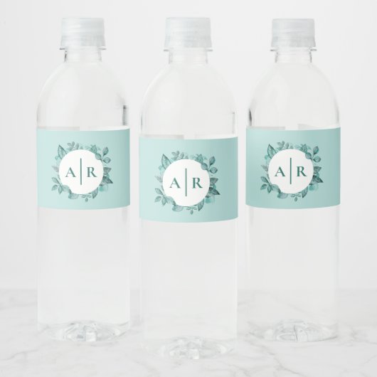 Blauwgroen groen bladeren bruiloft monogram waterfles etiket (Flessen)
