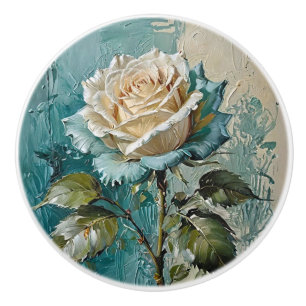 Blauwgroen Groen en Crème Roos Floral Art Oil Desi Keramische Knop