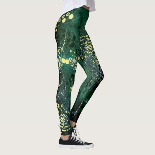 Blauwgroen groen en geel Abstract golfpatroon Leggings (Rechts)