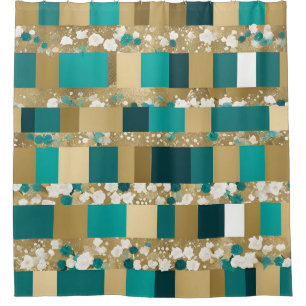 Blauwgroen groen en goud geometrisch patroon met b douchegordijn
