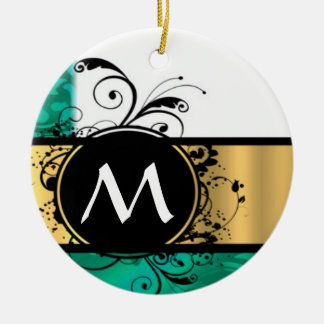 Blauwgroen groen en gouden monogram keramisch ornament