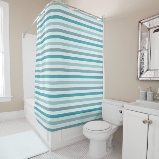 Blauwgroen Groen en Mint Stripes Pattern Douchegordijn (In situ)
