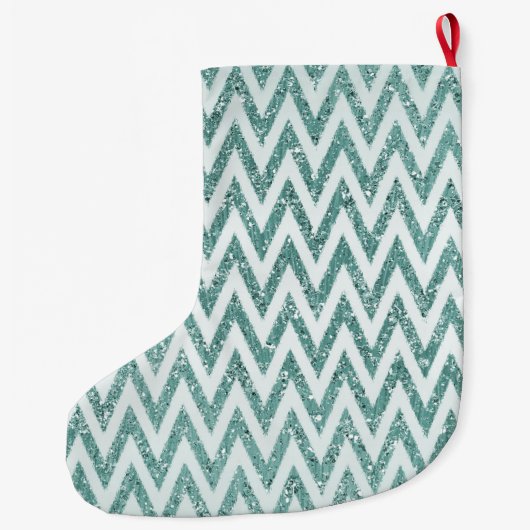 Blauwgroen Groen en Wit Faux Glitter Zigzag Grote Kerstsok (Achterkant)