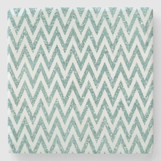 Blauwgroen Groen en Wit Faux Glitter Zigzag Stenen Onderzetter (Voorkant)