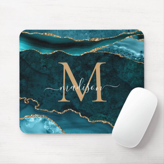 Blauwgroen groen goudsparkle Agate Geode Monogram Muismat (Met muis)
