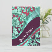 Blauwgroen groen & magenta damask kaart (Staand voorkant)