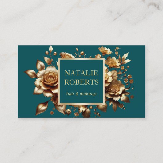 Blauwgroen Groen Modern Goud Bloemen Beauty Salon  Visitekaartje (Voorkant)