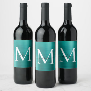 Blauwgroen groen monogram gierig script metallisch wijn etiket