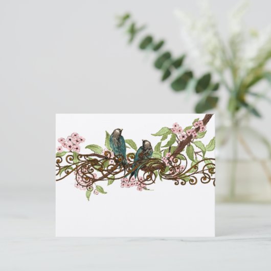 Blauwgroen Groen Roze Vogels Bruiloft RSVP (Staand voorkant)