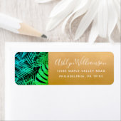 Blauwgroen groen tropisch palmbladscript goudadres etiket (Insitu)