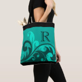 Blauwgroen Groen Vlaams Ontwerp met Monogram Tote Bag (Dichtbij)