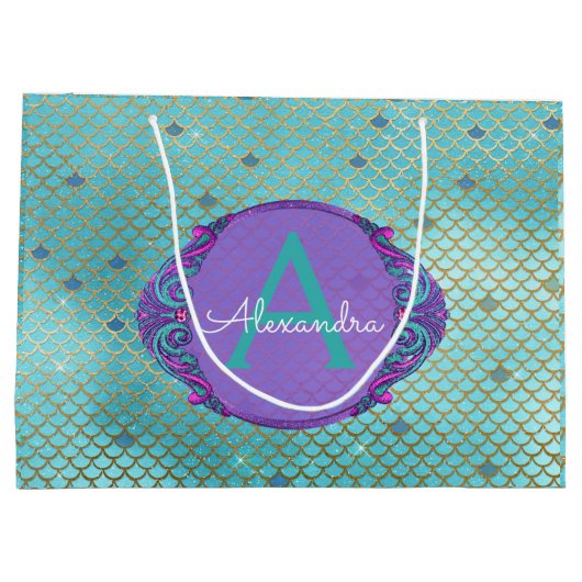 Blauwgroen groene en Paarse zeemeerminnen monogram Groot Cadeauzakje (Achterkant)