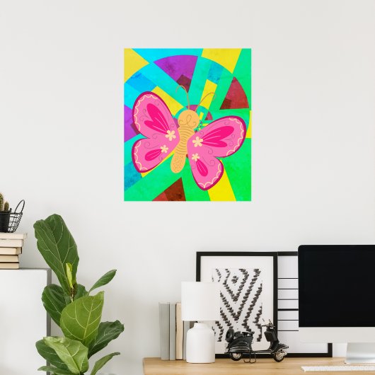 Blauwgroen, groene en roze abstracte vlinder poster (Thuiskantoor)