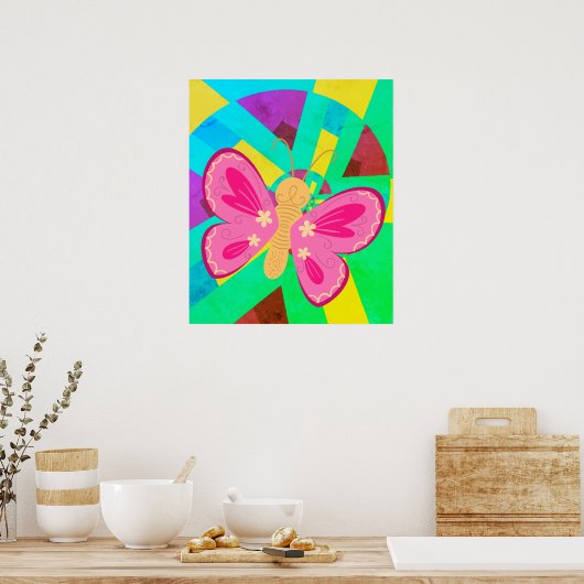 Blauwgroen, groene en roze abstracte vlinder poster (Keuken)