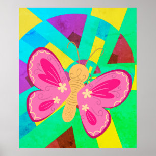 Blauwgroen, groene en roze abstracte vlinder poster