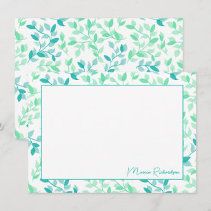 Blauwgroen Groene Florals Moderne Gepersonaliseer Notitiekaartje