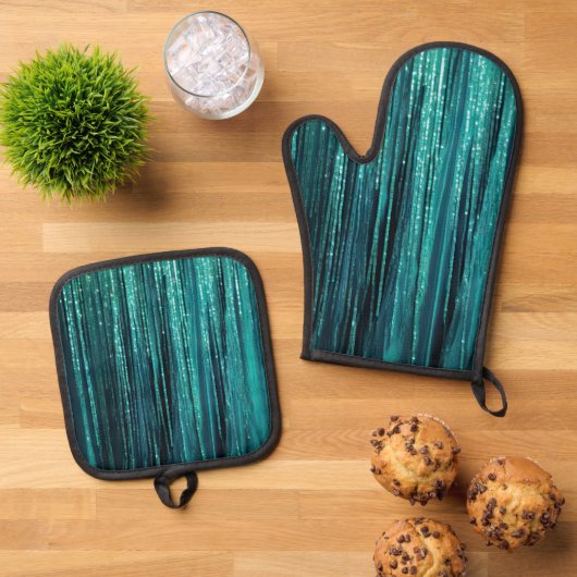 Blauwgroen Groene Glitzy Glam Tinsel Stripes Ovenwant & Pannenlap Set (Top down)
