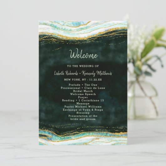 Blauwgroen Groene & Gouden Agaat Marmeren huwelijk Programma (Staand voorkant)