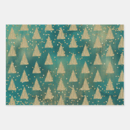 Blauwgroen groene gouden kerstboom    inpakpapier vel