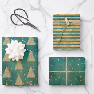 Blauwgroen groene gouden kerstboom inpakpapier vel