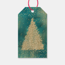 Blauwgroen groene goudglitter - kerstboom cadeaulabel