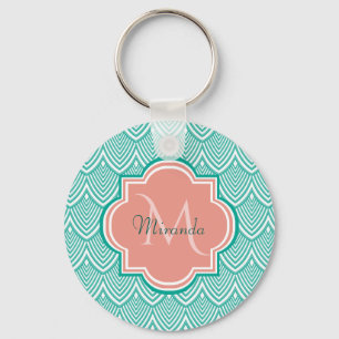 Blauwgroen groene kunst deco vis roze monogram naa sleutelhanger