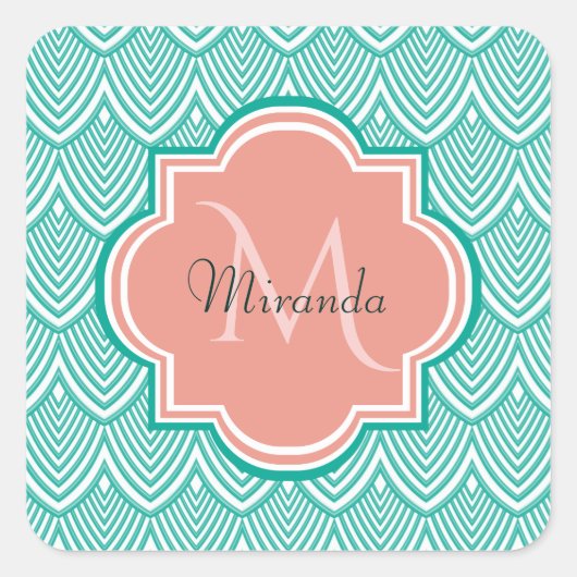 Blauwgroen groene kunst deco vis roze monogram naa vierkante sticker (Voorkant)