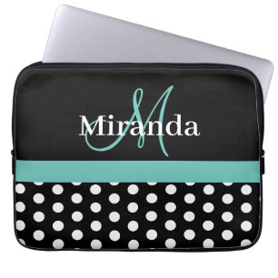 Blauwgroen groene monogram zwarte witte poladot laptop sleeve