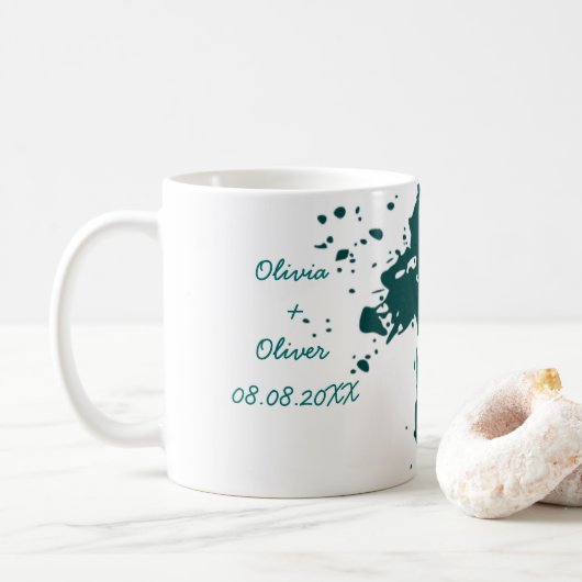 Blauwgroen groene verf spatten bruiloft gunst koffiemok (Met donut)