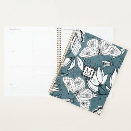 Blauwgroen groene vlinderbloemmonogrammen planner