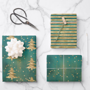 Blauwgroen groene Waterverf Gold kerstboom   Inpakpapier Vel