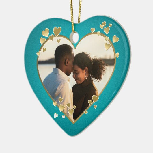 Blauwgroen hart en lint foto keramisch ornament (Links)