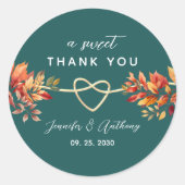 Blauwgroen herfstbruiloft bedankt ronde sticker (Voorkant)