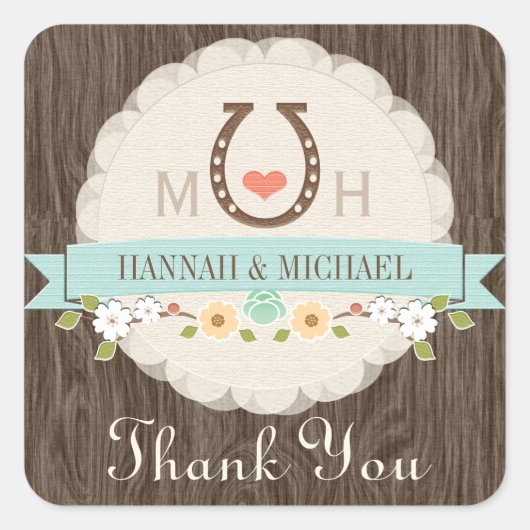 BLAUWGROEN HOEFIJZER HART WESTERN BRUILOFT DANK U VIERKANTE STICKER (Voorkant)