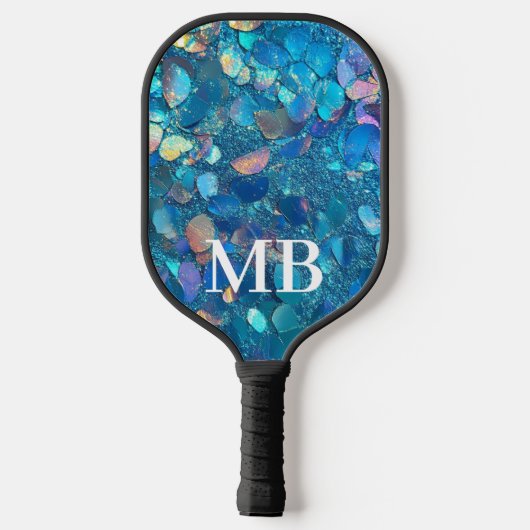 Blauwgroen holografisch glitterglammonogram pickleball paddle (Achterkant)