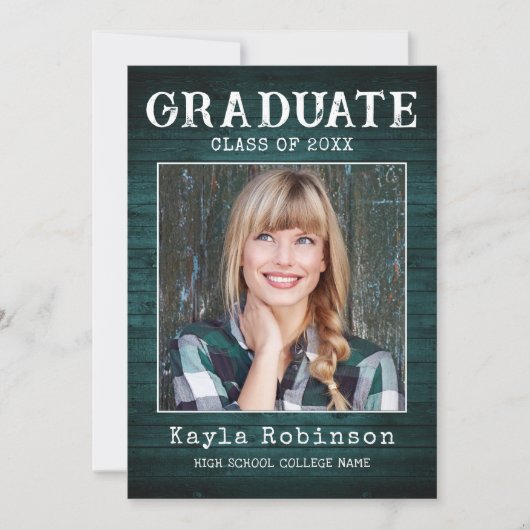 Blauwgroen hout - Afstuderen stijlvol Rustisch lan Aankondiging (Voorkant)